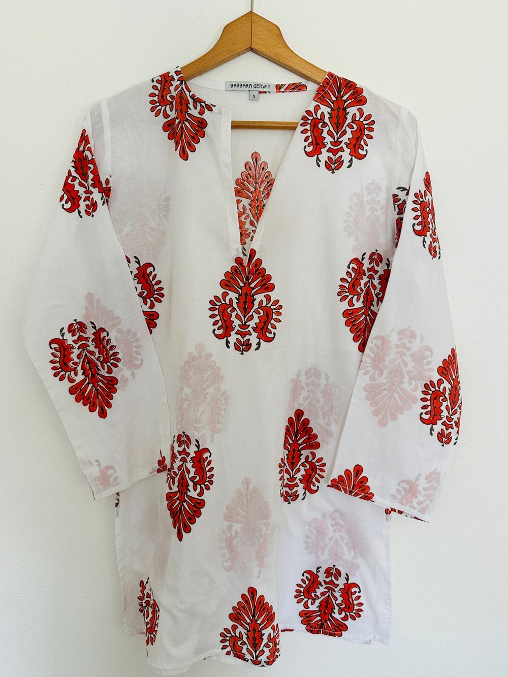 Barbara Gerwit Red White Block Print Cotton Tunic Kaftan Dress Small SZ Style - Picture 1 of 5